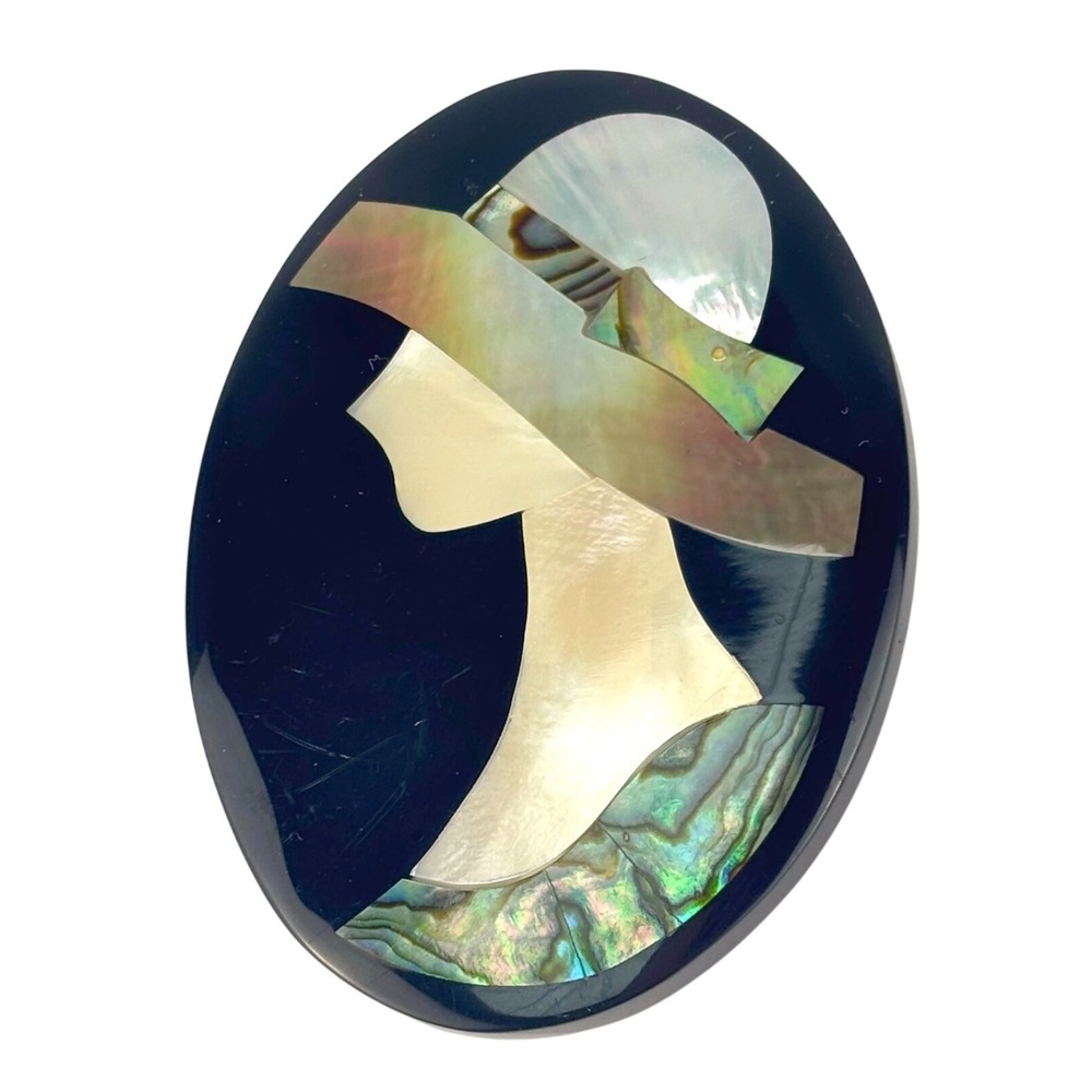 Vintage Art Deco Brooch Mother of Pearl Inlay Black Gatsby Flapper Lady 1920s